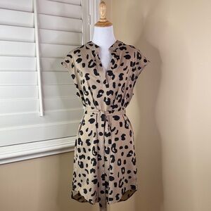Leopard Print Tie-Waist Dress in Beige and Black
